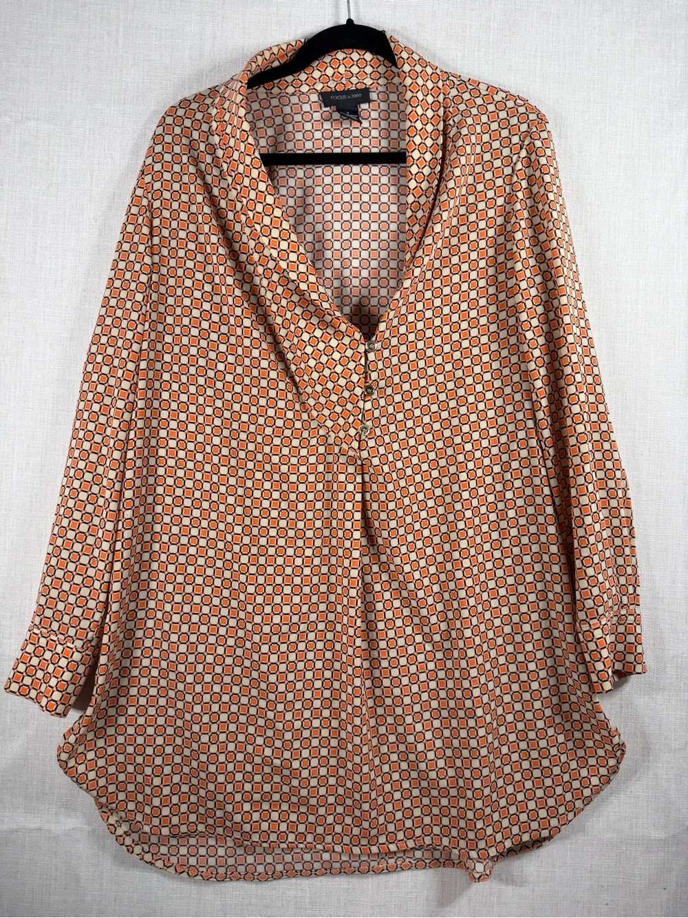 Focus 2000 Orange and Cream Geometric Button-Front Blouse